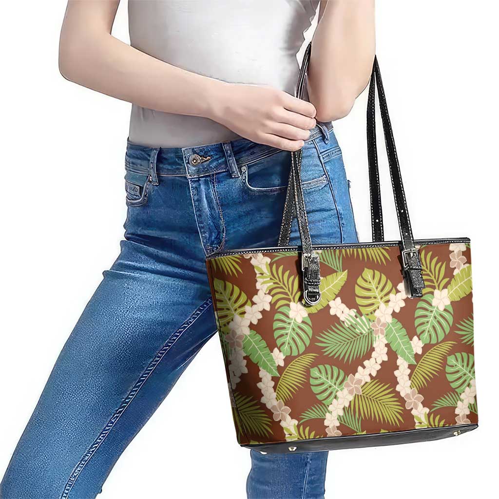 Brown Hawaii Plumeria Lei With Tropical Leaves Leather Tote Bag