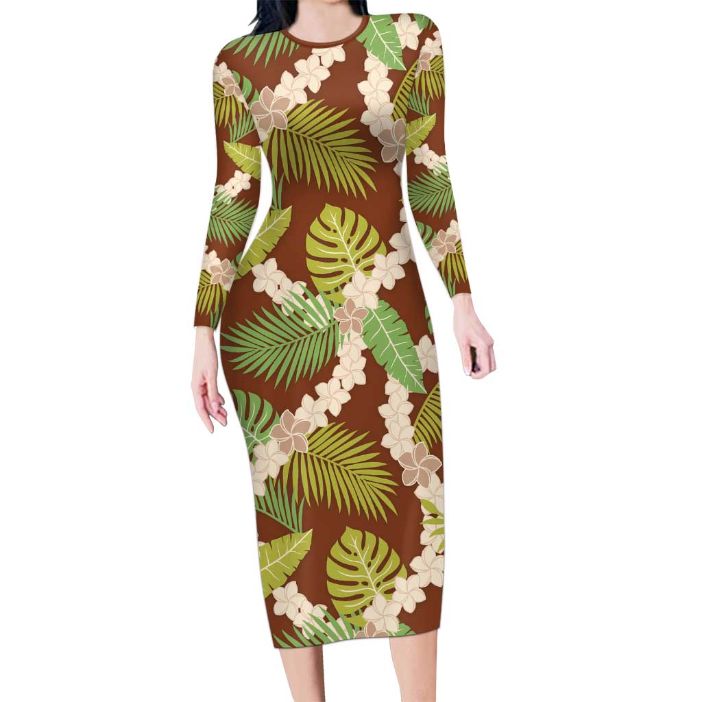 Brown Hawaii Plumeria Lei With Tropical Leaves Long Sleeve Bodycon Dress