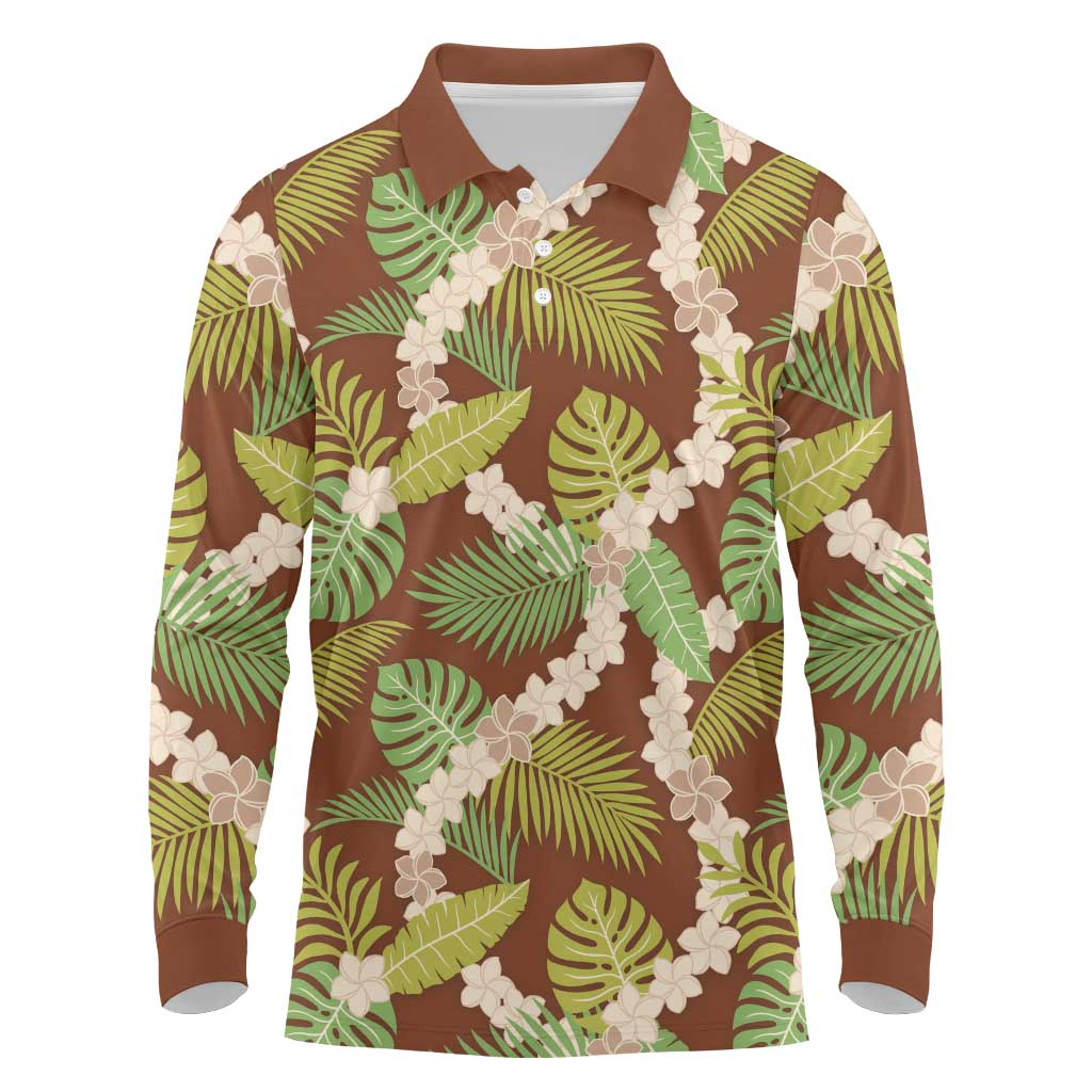 Brown Hawaii Plumeria Lei With Tropical Leaves Long Sleeve Polo Shirt