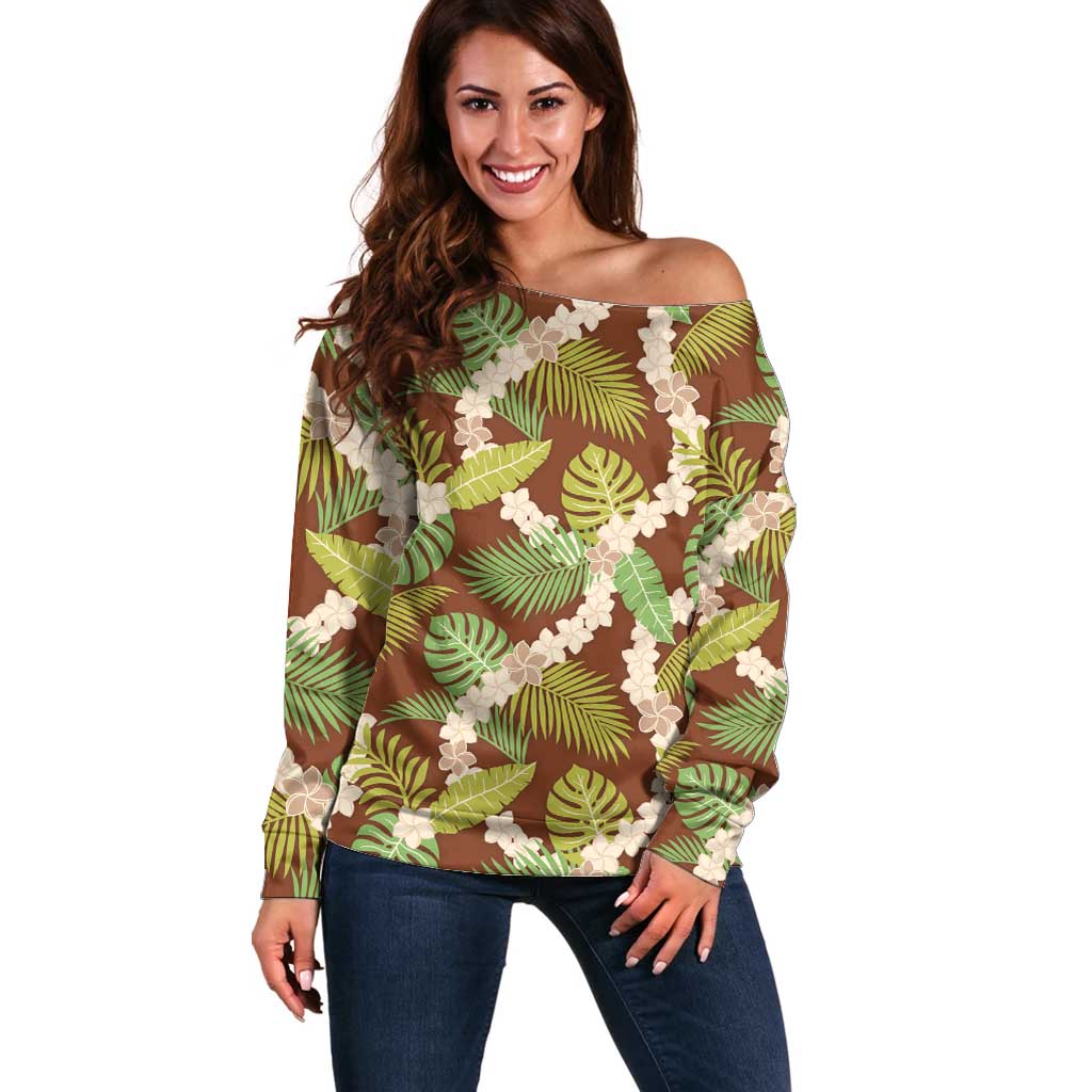 Brown Hawaii Plumeria Lei With Tropical Leaves Off Shoulder Sweater