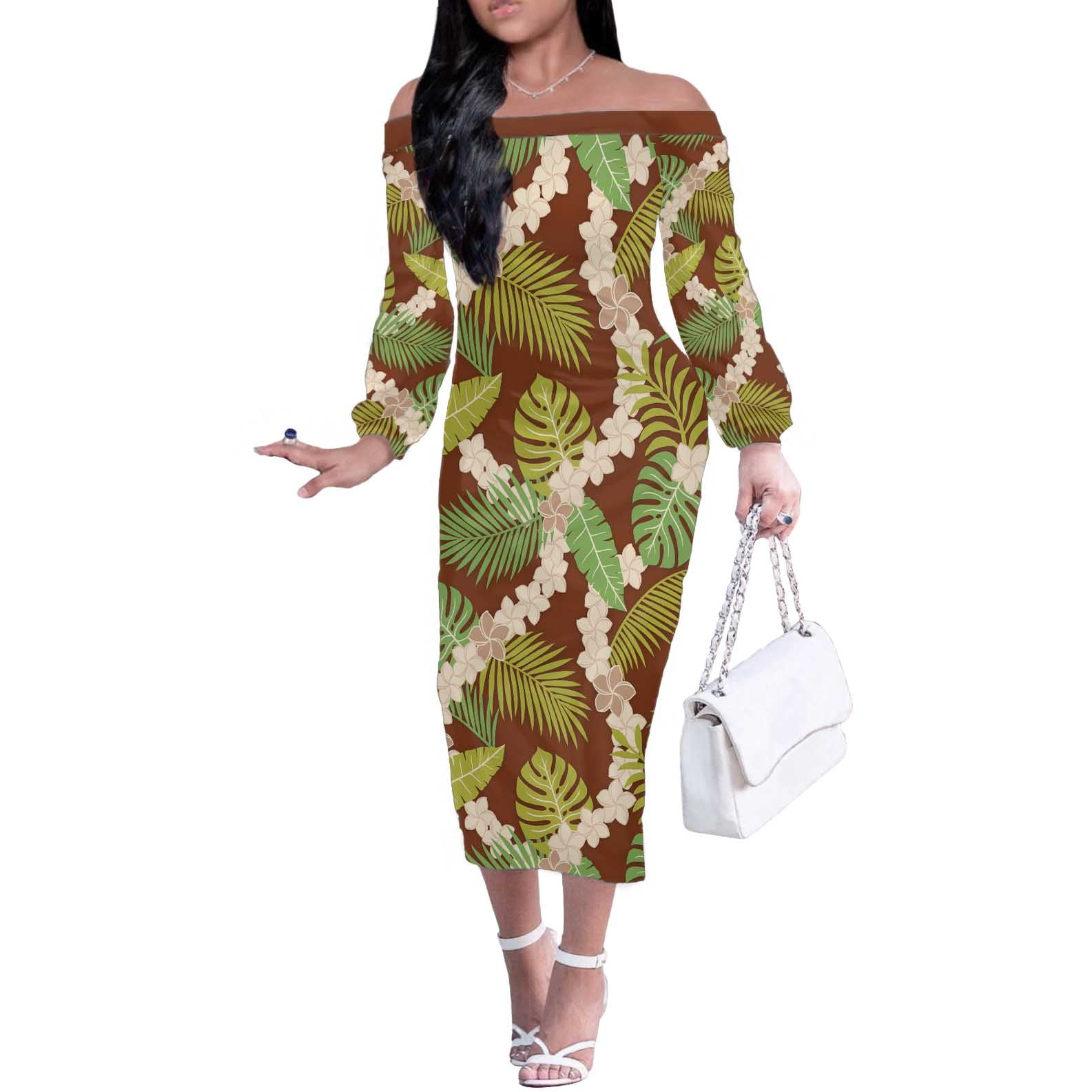 Brown Hawaii Plumeria Lei With Tropical Leaves Off The Shoulder Long Sleeve Dress