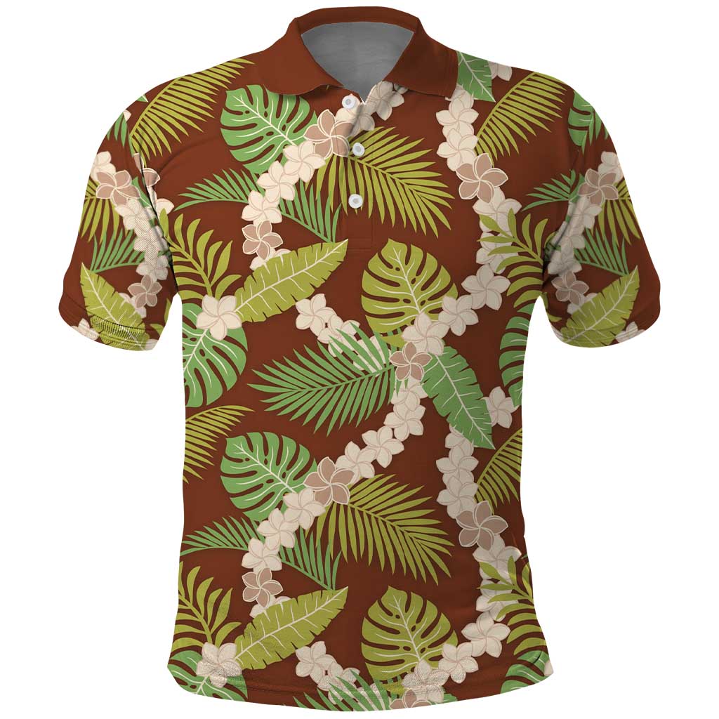 Brown Hawaii Plumeria Lei With Tropical Leaves Polo Shirt