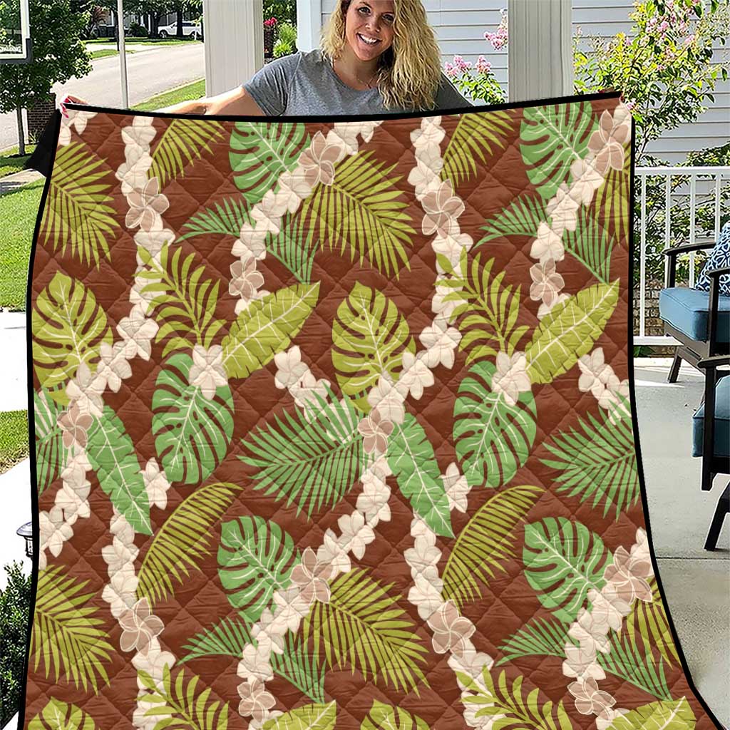 Brown Hawaii Plumeria Lei With Tropical Leaves Quilt