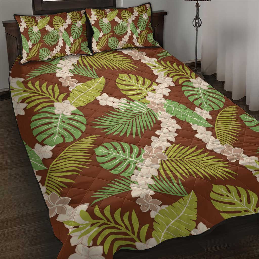 Brown Hawaii Plumeria Lei With Tropical Leaves Quilt Bed Set