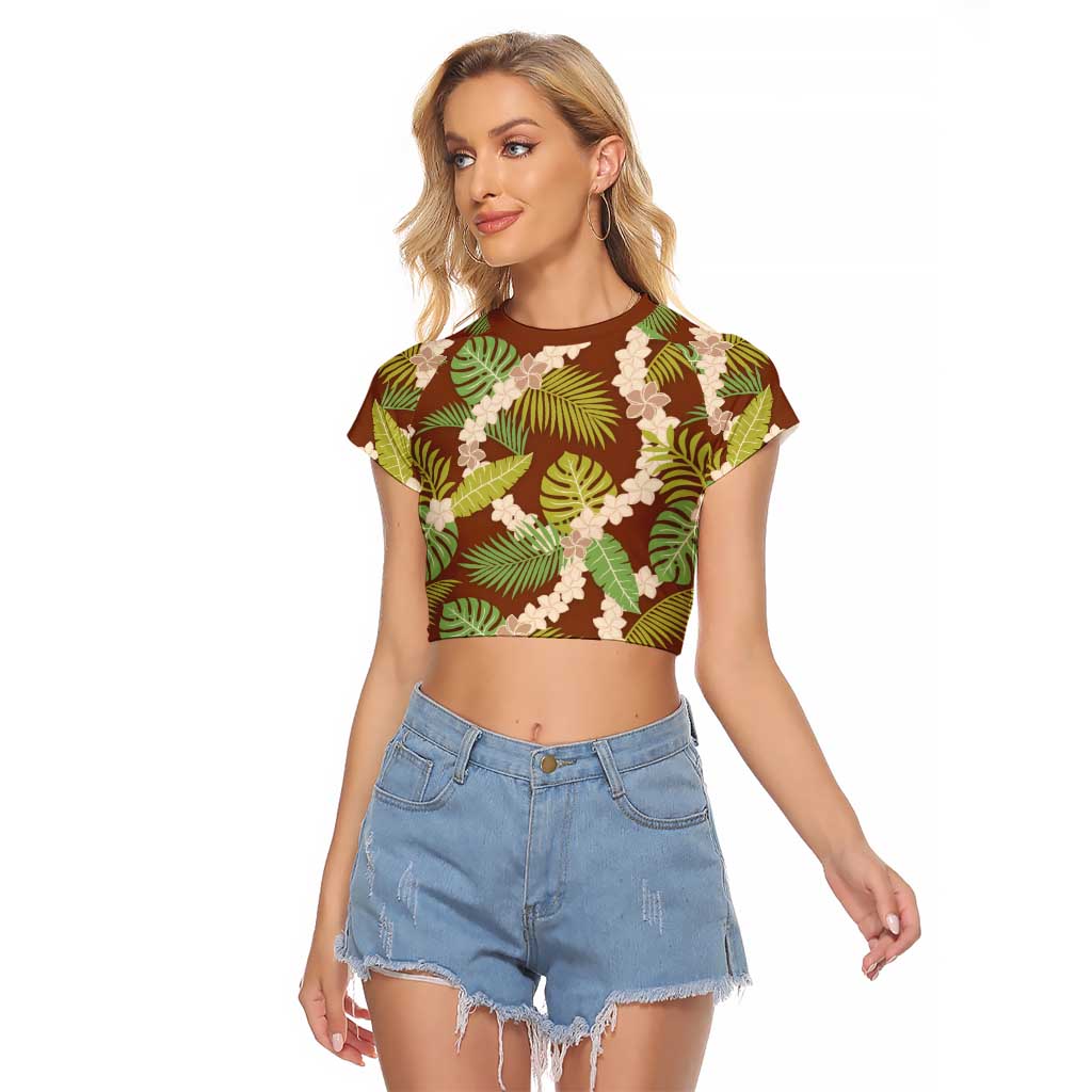 Brown Hawaii Plumeria Lei With Tropical Leaves Raglan Cropped T Shirt