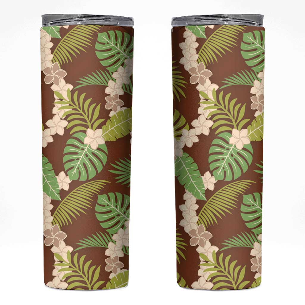 Brown Hawaii Plumeria Lei With Tropical Leaves Skinny Tumbler