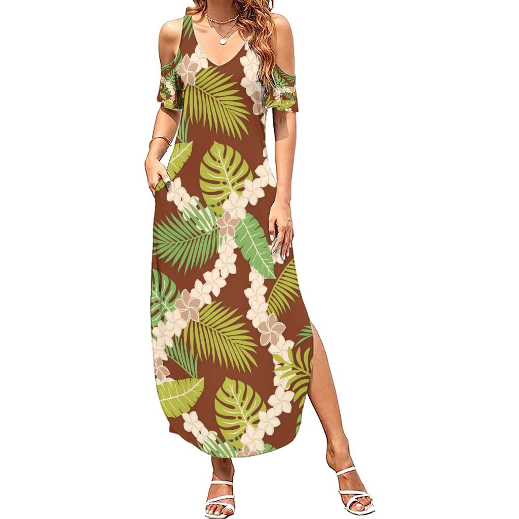 Brown Hawaii Plumeria Lei With Tropical Leaves Summer Maxi Dress