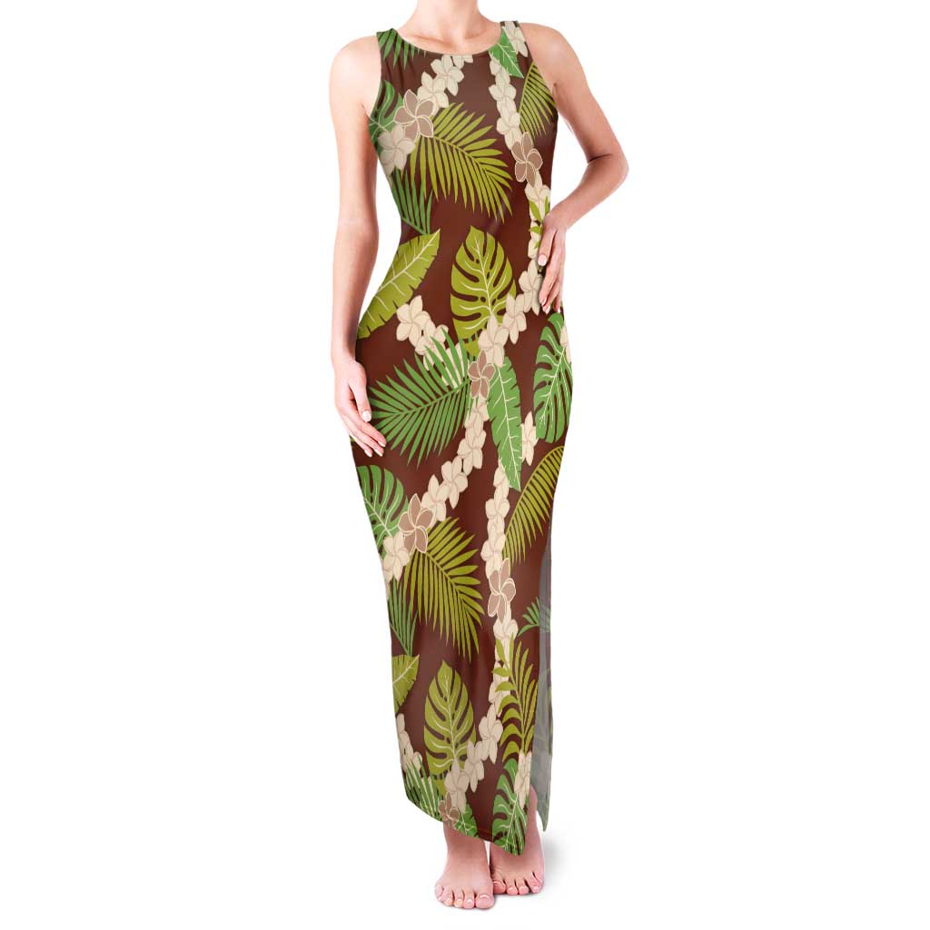 Brown Hawaii Plumeria Lei With Tropical Leaves Tank Maxi Dress