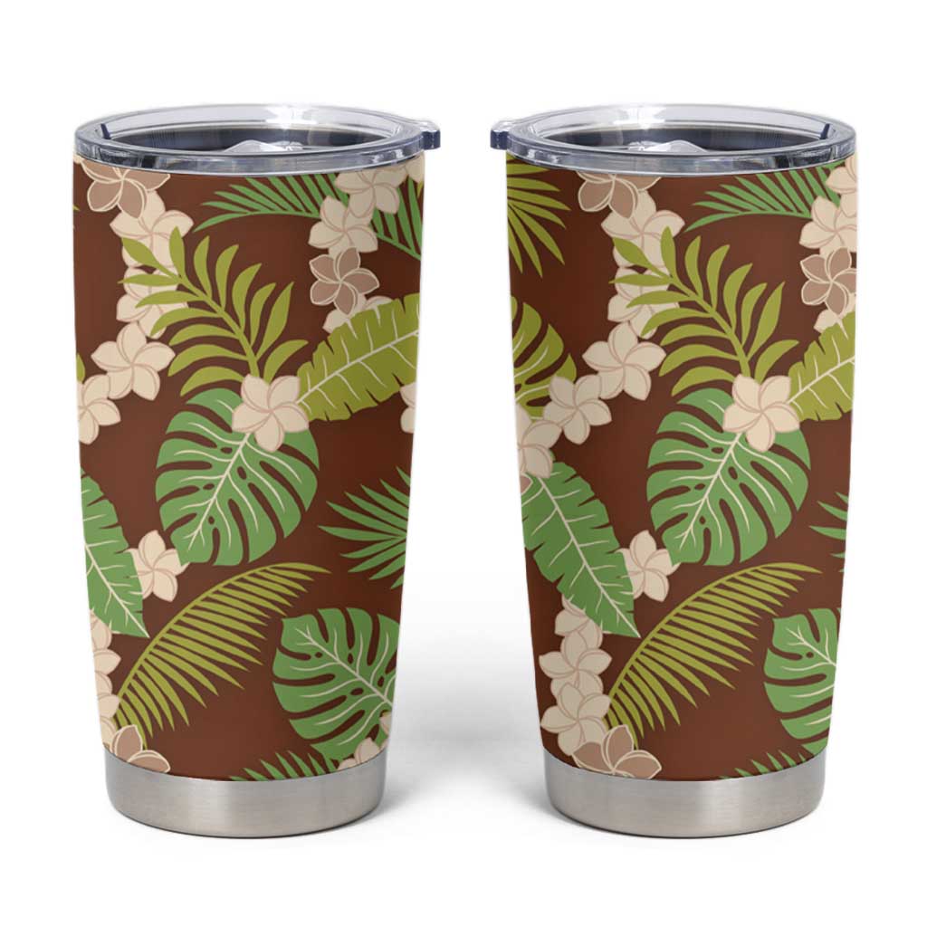 Brown Hawaii Plumeria Lei With Tropical Leaves Tumbler Cup