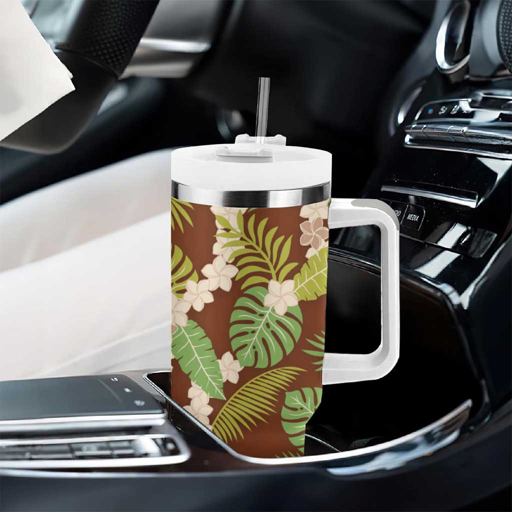 Brown Hawaii Plumeria Lei With Tropical Leaves Tumbler With Handle