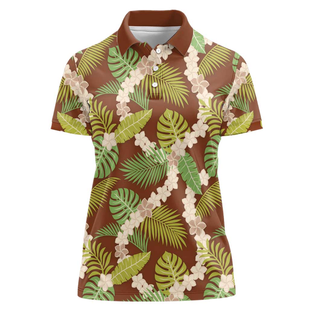 Brown Hawaii Plumeria Lei With Tropical Leaves Women Polo Shirt