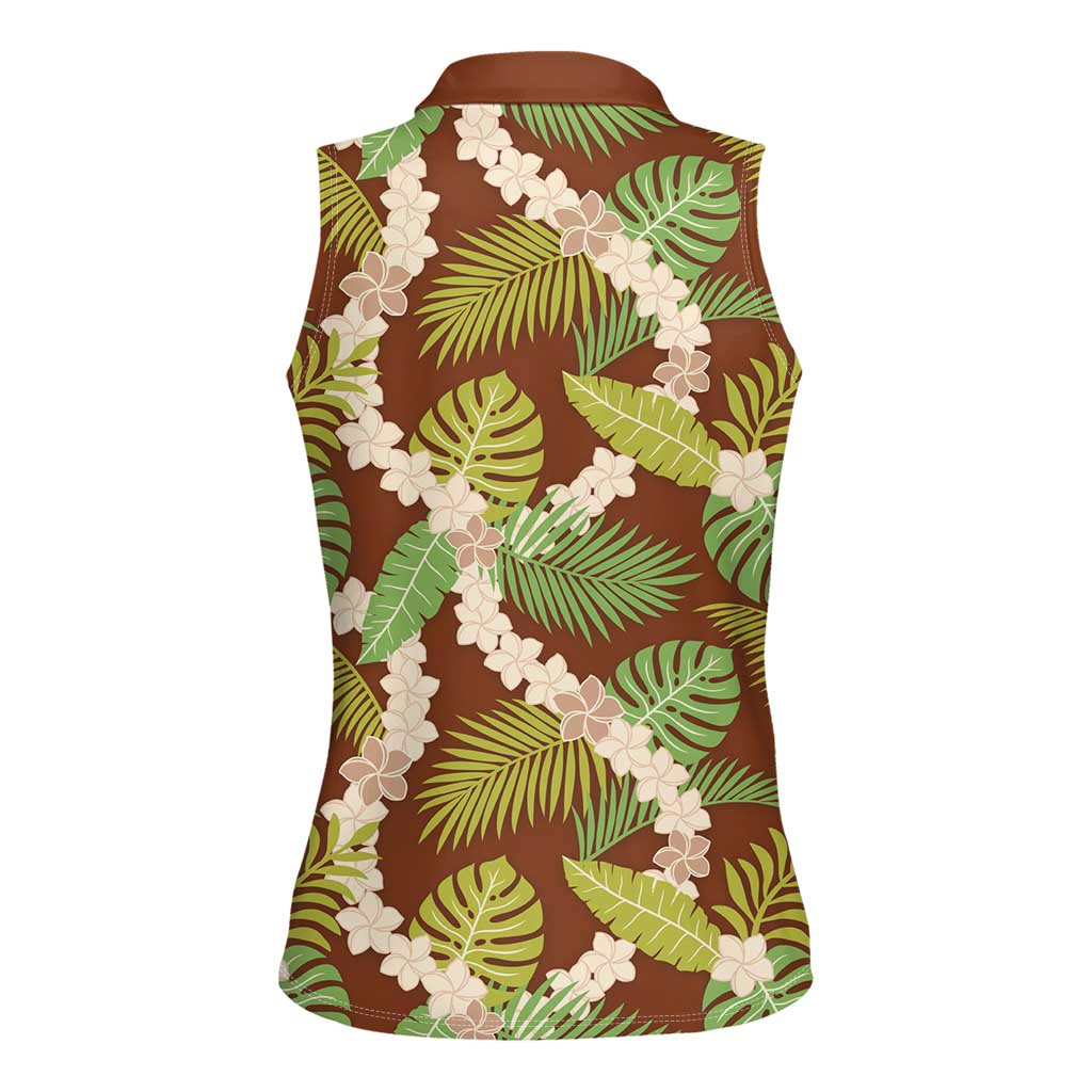 Brown Hawaii Plumeria Lei With Tropical Leaves Women Sleeveless Polo Shirt