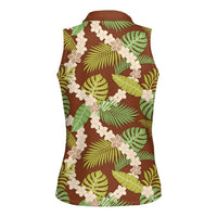 Brown Hawaii Plumeria Lei With Tropical Leaves Women Sleeveless Polo Shirt