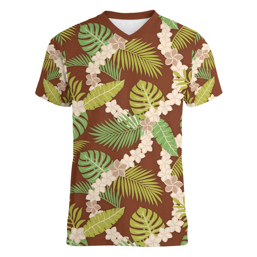 Brown Hawaii Plumeria Lei With Tropical Leaves Women V-Neck T-Shirt