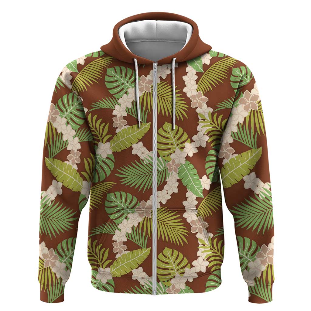 Brown Hawaii Plumeria Lei With Tropical Leaves Zip Hoodie