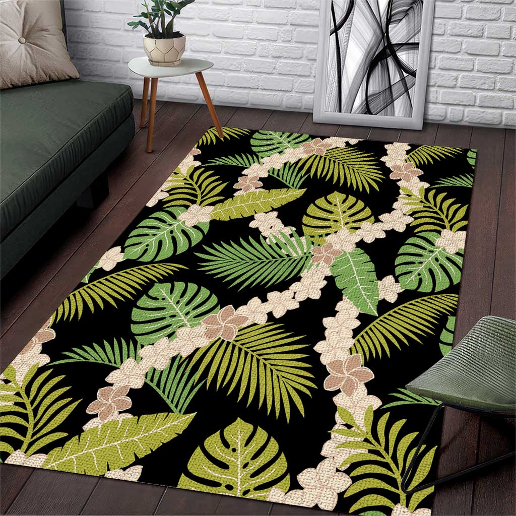 Black Hawaii Plumeria Lei With Tropical Leaves Area Rug