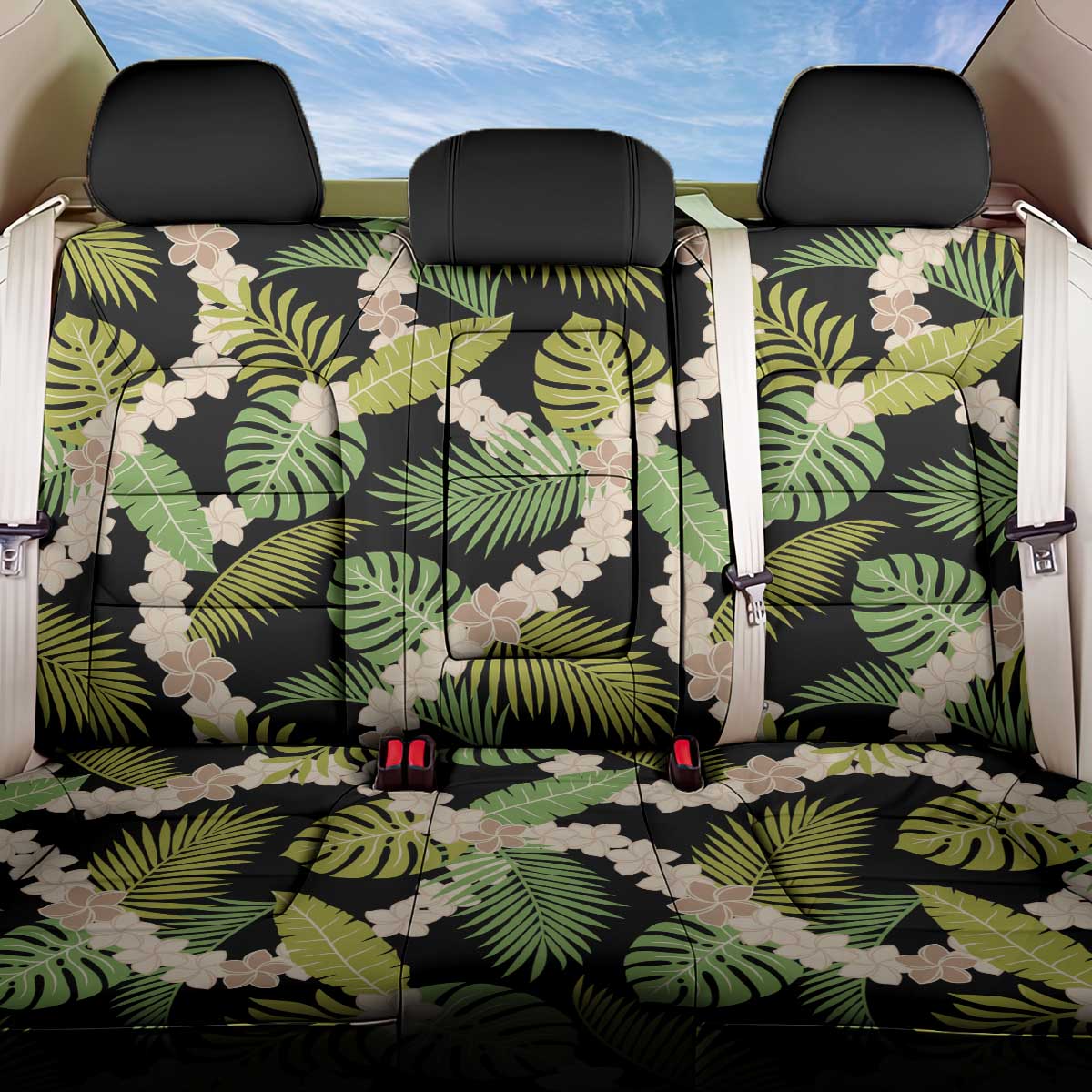 Black Hawaii Plumeria Lei With Tropical Leaves Back Car Seat Cover