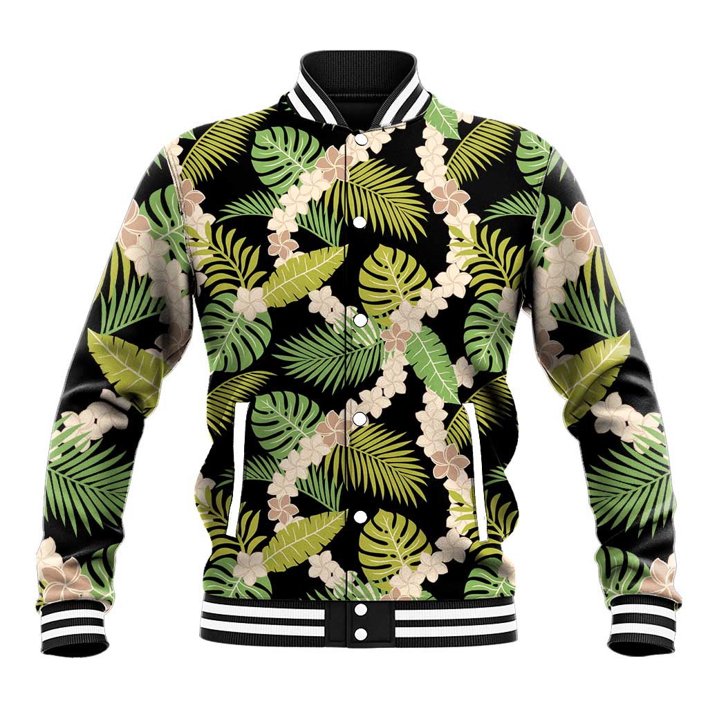 Black Hawaii Plumeria Lei With Tropical Leaves Baseball Jacket