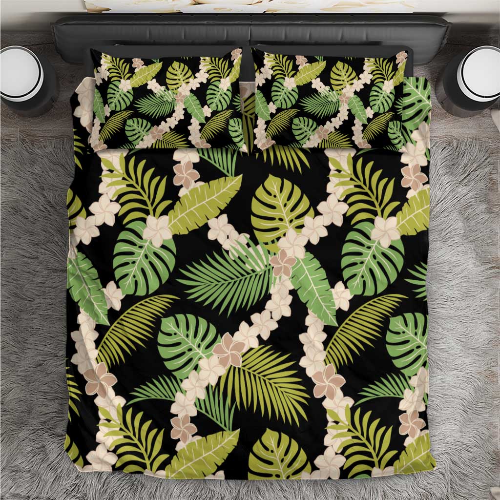 Black Hawaii Plumeria Lei With Tropical Leaves Bedding Set