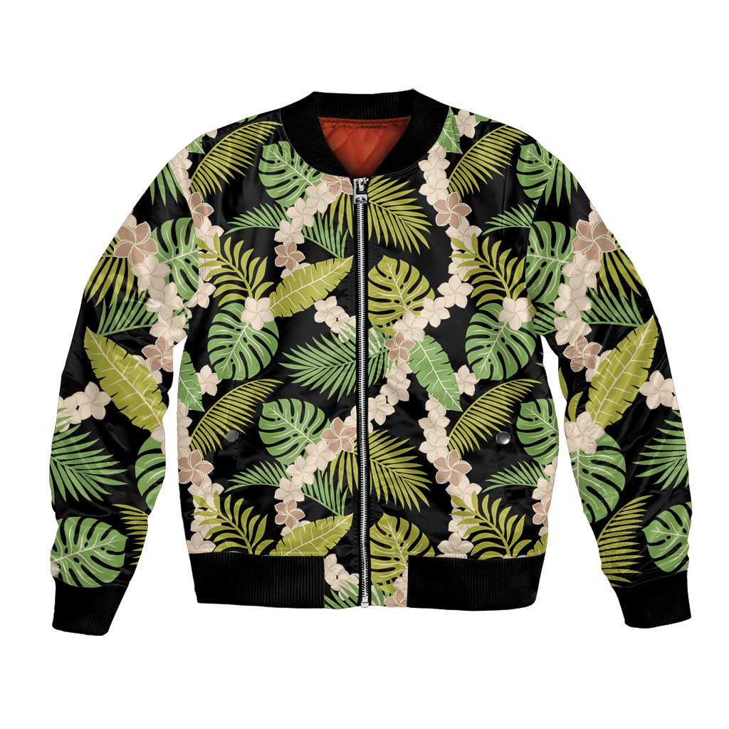 Black Hawaii Plumeria Lei With Tropical Leaves Bomber Jacket