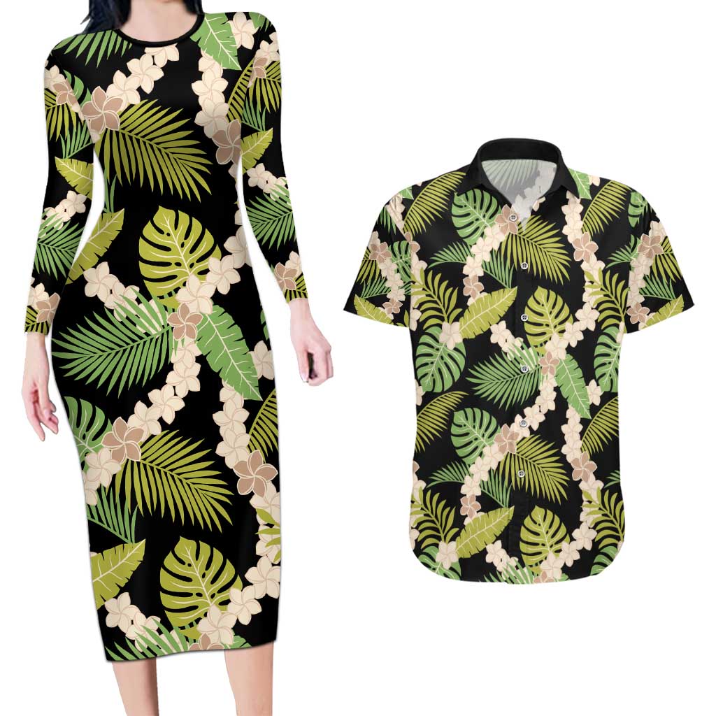 Black Hawaii Plumeria Lei With Tropical Leaves Couples Matching Long Sleeve Bodycon Dress and Hawaiian Shirt