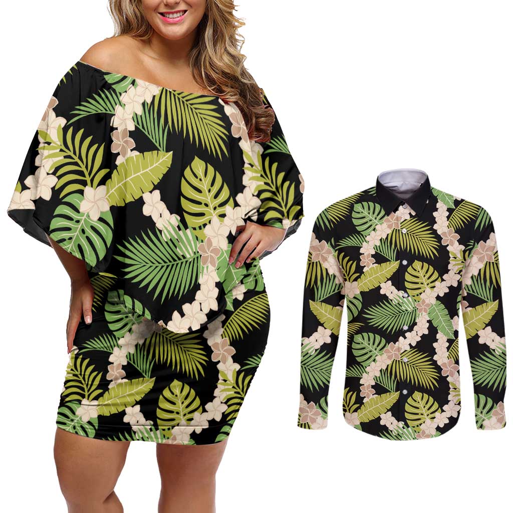 Black Hawaii Plumeria Lei With Tropical Leaves Couples Matching Off Shoulder Short Dress and Long Sleeve Button Shirt