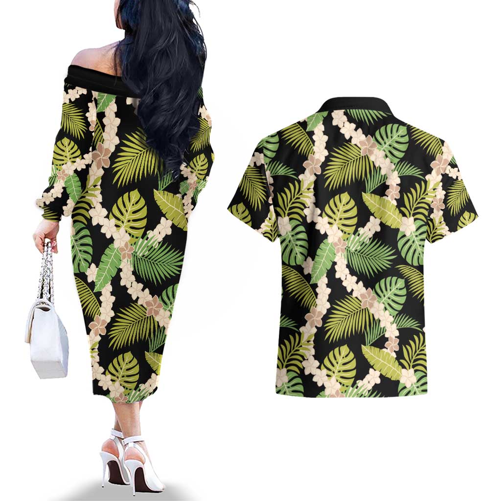 Black Hawaii Plumeria Lei With Tropical Leaves Couples Matching Off The Shoulder Long Sleeve Dress and Hawaiian Shirt