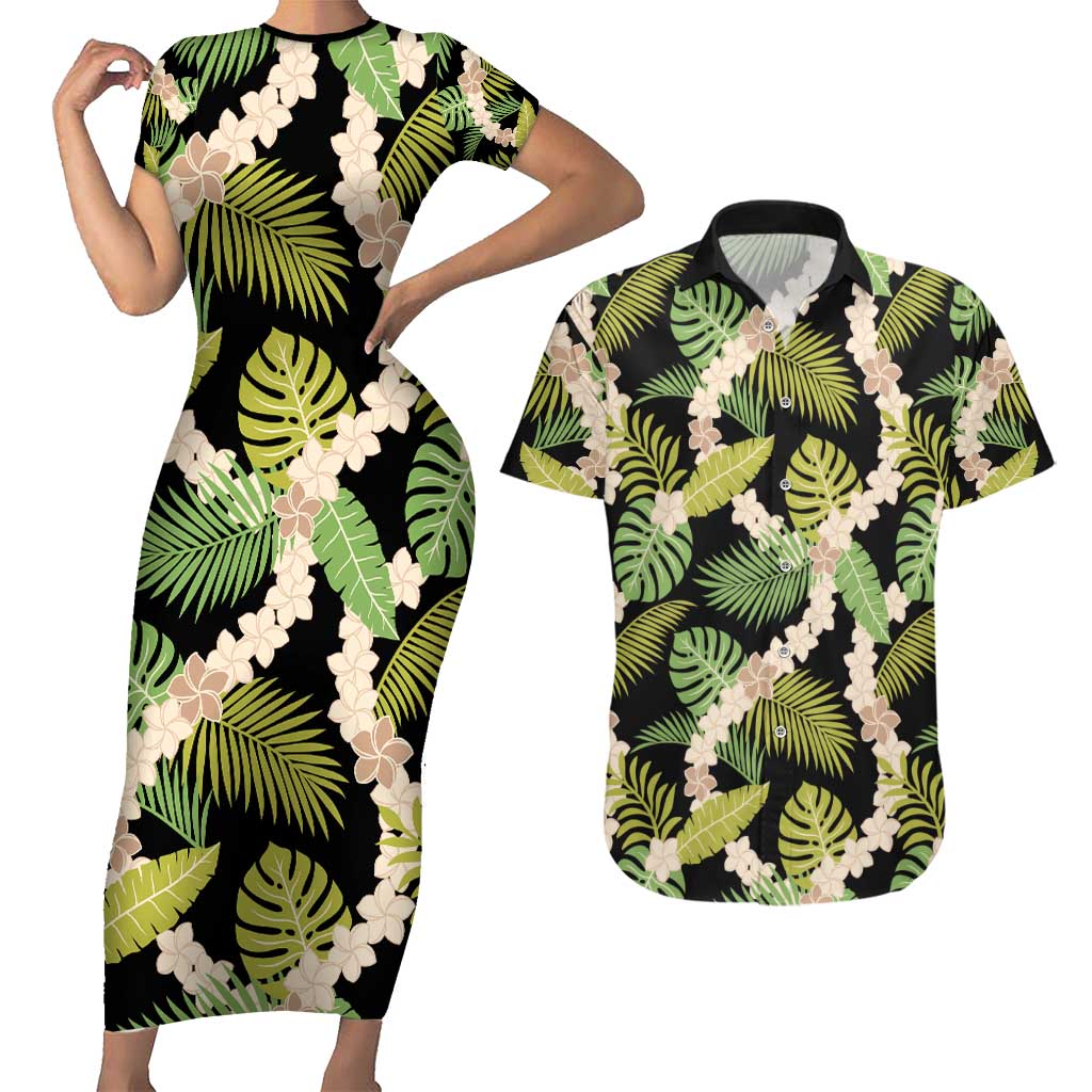 Black Hawaii Plumeria Lei With Tropical Leaves Couples Matching Short Sleeve Bodycon Dress and Hawaiian Shirt