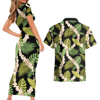 Black Hawaii Plumeria Lei With Tropical Leaves Couples Matching Short Sleeve Bodycon Dress and Hawaiian Shirt