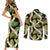 Black Hawaii Plumeria Lei With Tropical Leaves Couples Matching Short Sleeve Bodycon Dress and Long Sleeve Button Shirt