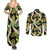 Black Hawaii Plumeria Lei With Tropical Leaves Couples Matching Summer Maxi Dress and Long Sleeve Button Shirt