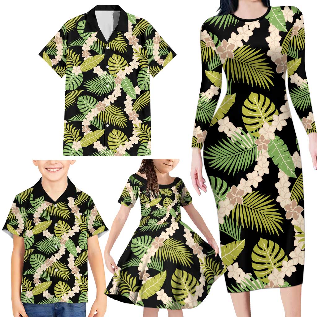 Black Hawaii Plumeria Lei With Tropical Leaves Family Matching Long Sleeve Bodycon Dress and Hawaiian Shirt LT14 - Polynesian Pride