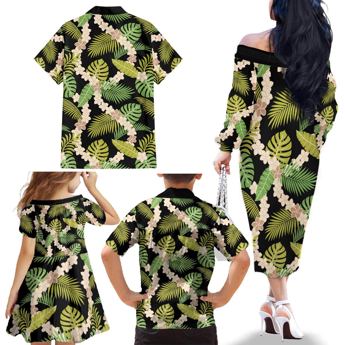 Black Hawaii Plumeria Lei With Tropical Leaves Family Matching Off The Shoulder Long Sleeve Dress and Hawaiian Shirt LT14 - Polynesian Pride
