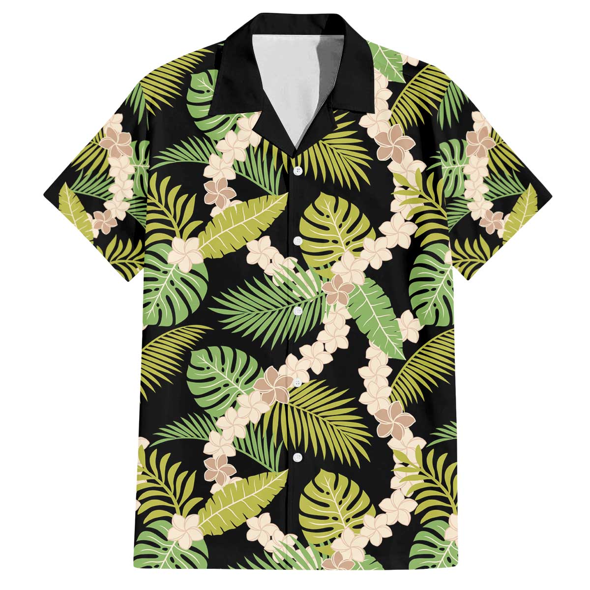 Black Hawaii Plumeria Lei With Tropical Leaves Family Matching Off The Shoulder Long Sleeve Dress and Hawaiian Shirt LT14 Dad's Shirt - Short Sleeve Black - Polynesian Pride