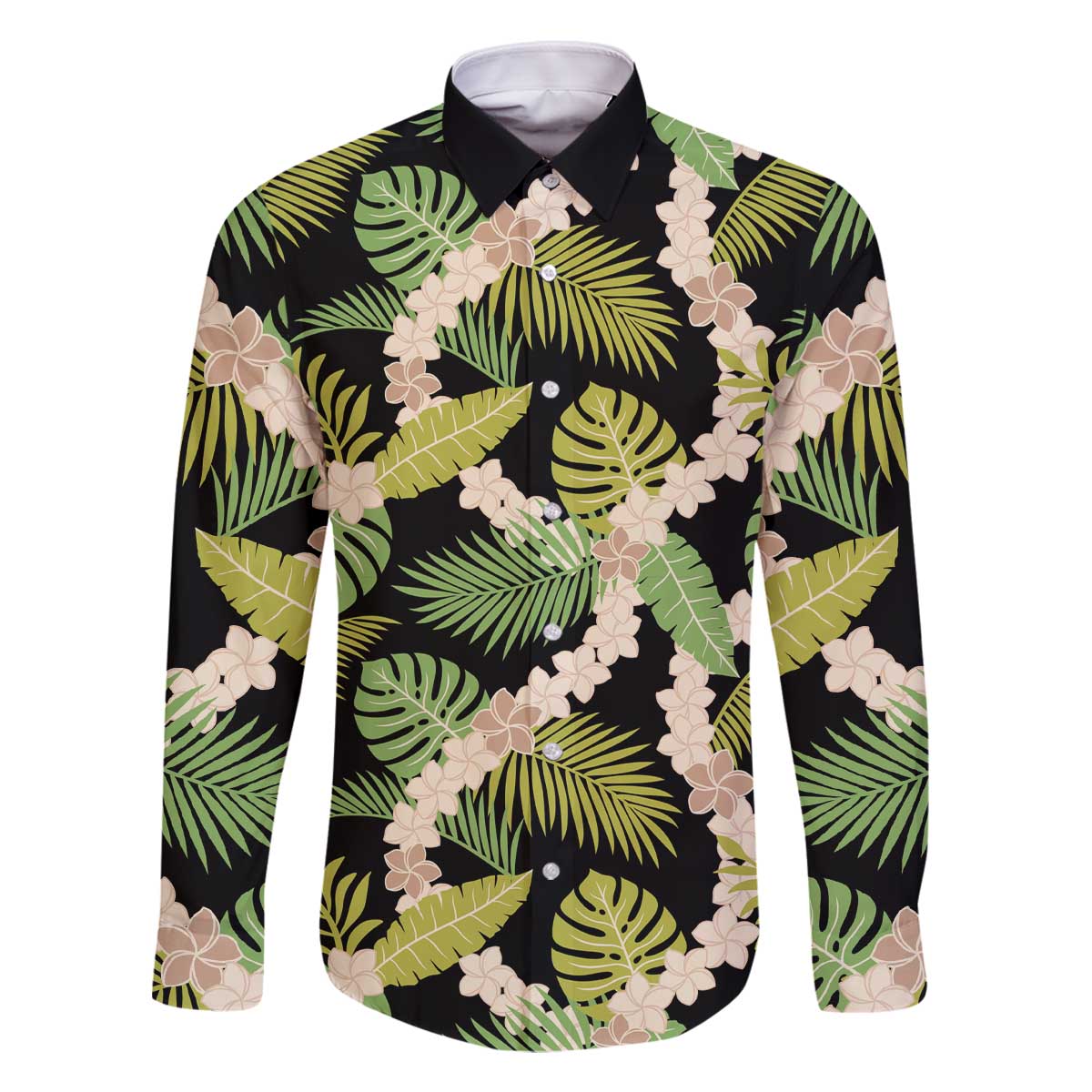 Black Hawaii Plumeria Lei With Tropical Leaves Family Matching Off The Shoulder Long Sleeve Dress and Hawaiian Shirt LT14 Dad's Shirt - Long Sleeve Black - Polynesian Pride