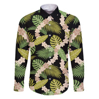 Black Hawaii Plumeria Lei With Tropical Leaves Family Matching Off The Shoulder Long Sleeve Dress and Hawaiian Shirt LT14 Dad's Shirt - Long Sleeve Black - Polynesian Pride