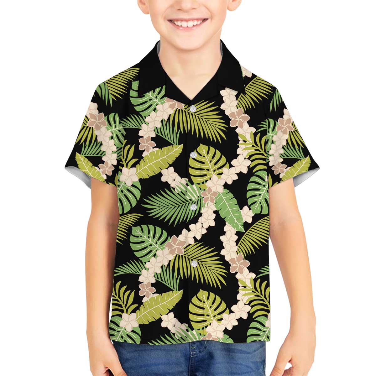 Black Hawaii Plumeria Lei With Tropical Leaves Family Matching Off The Shoulder Long Sleeve Dress and Hawaiian Shirt LT14 Son's Shirt Black - Polynesian Pride