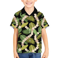 Black Hawaii Plumeria Lei With Tropical Leaves Family Matching Off The Shoulder Long Sleeve Dress and Hawaiian Shirt LT14 Son's Shirt Black - Polynesian Pride