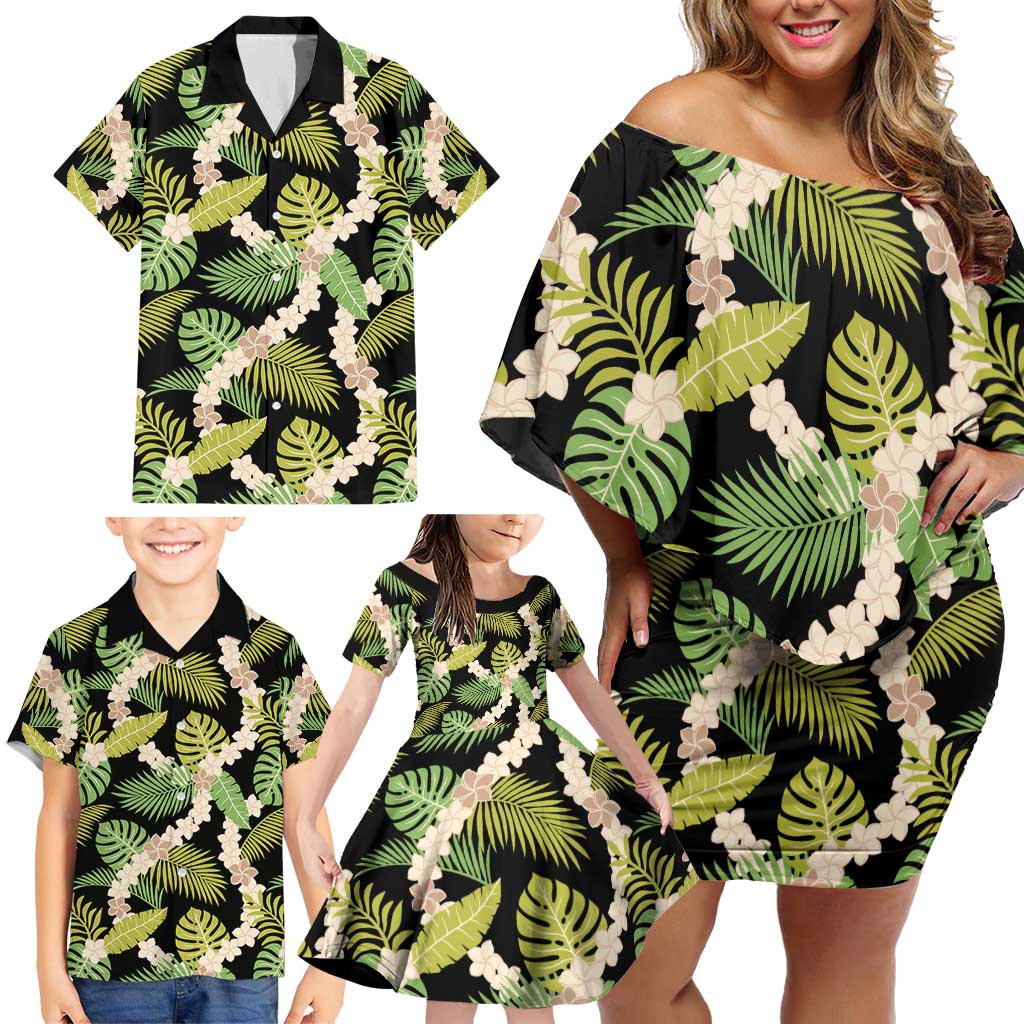 Black Hawaii Plumeria Lei With Tropical Leaves Family Matching Off Shoulder Short Dress and Hawaiian Shirt
