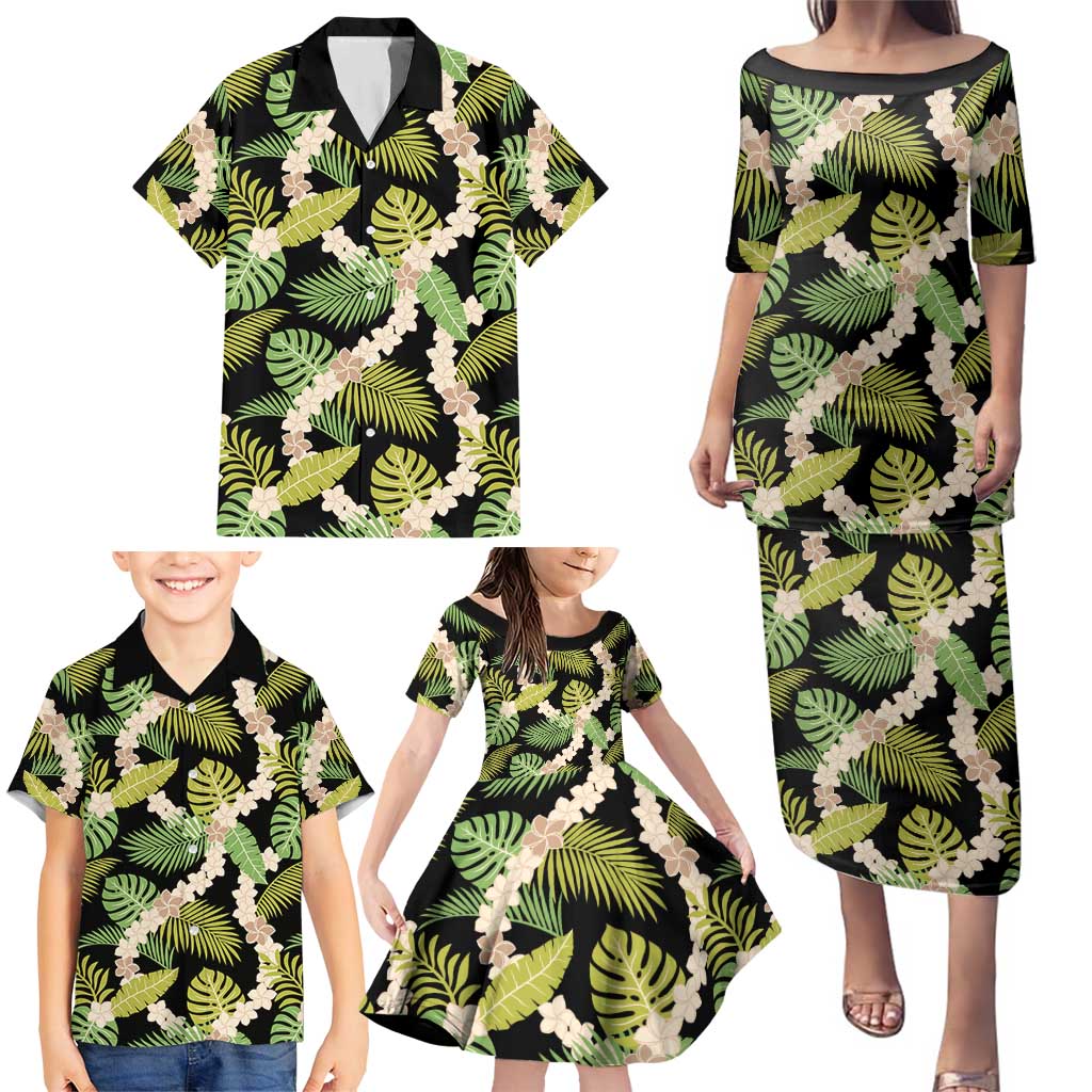 Black Hawaii Plumeria Lei With Tropical Leaves Family Matching Puletasi and Hawaiian Shirt