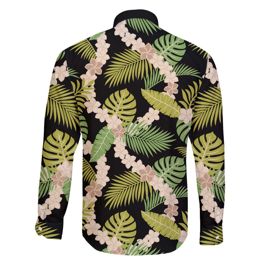 Black Hawaii Plumeria Lei With Tropical Leaves Family Matching Short Sleeve Bodycon Dress and Hawaiian Shirt