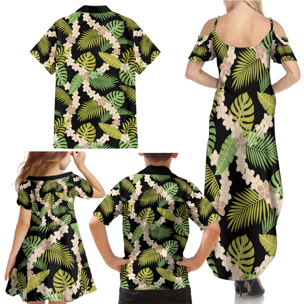 Black Hawaii Plumeria Lei With Tropical Leaves Family Matching Summer Maxi Dress and Hawaiian Shirt