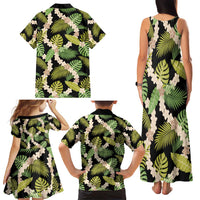 Black Hawaii Plumeria Lei With Tropical Leaves Family Matching Tank Maxi Dress and Hawaiian Shirt