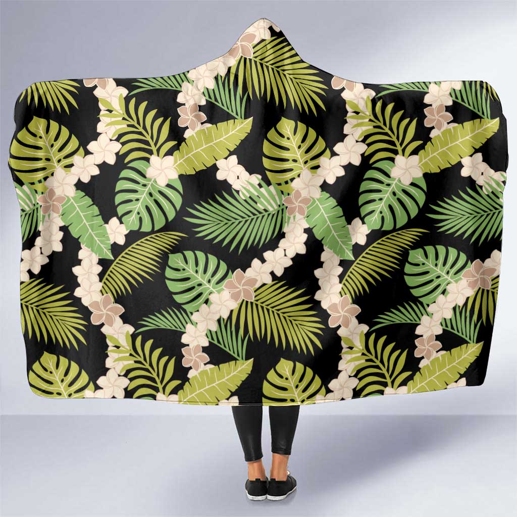 Black Hawaii Plumeria Lei With Tropical Leaves Hooded Blanket