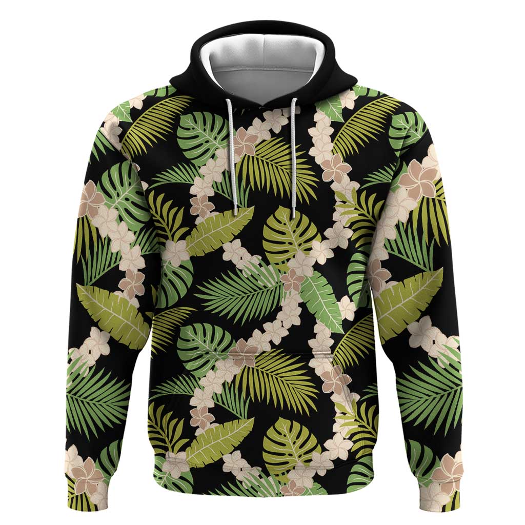 Black Hawaii Plumeria Lei With Tropical Leaves Hoodie