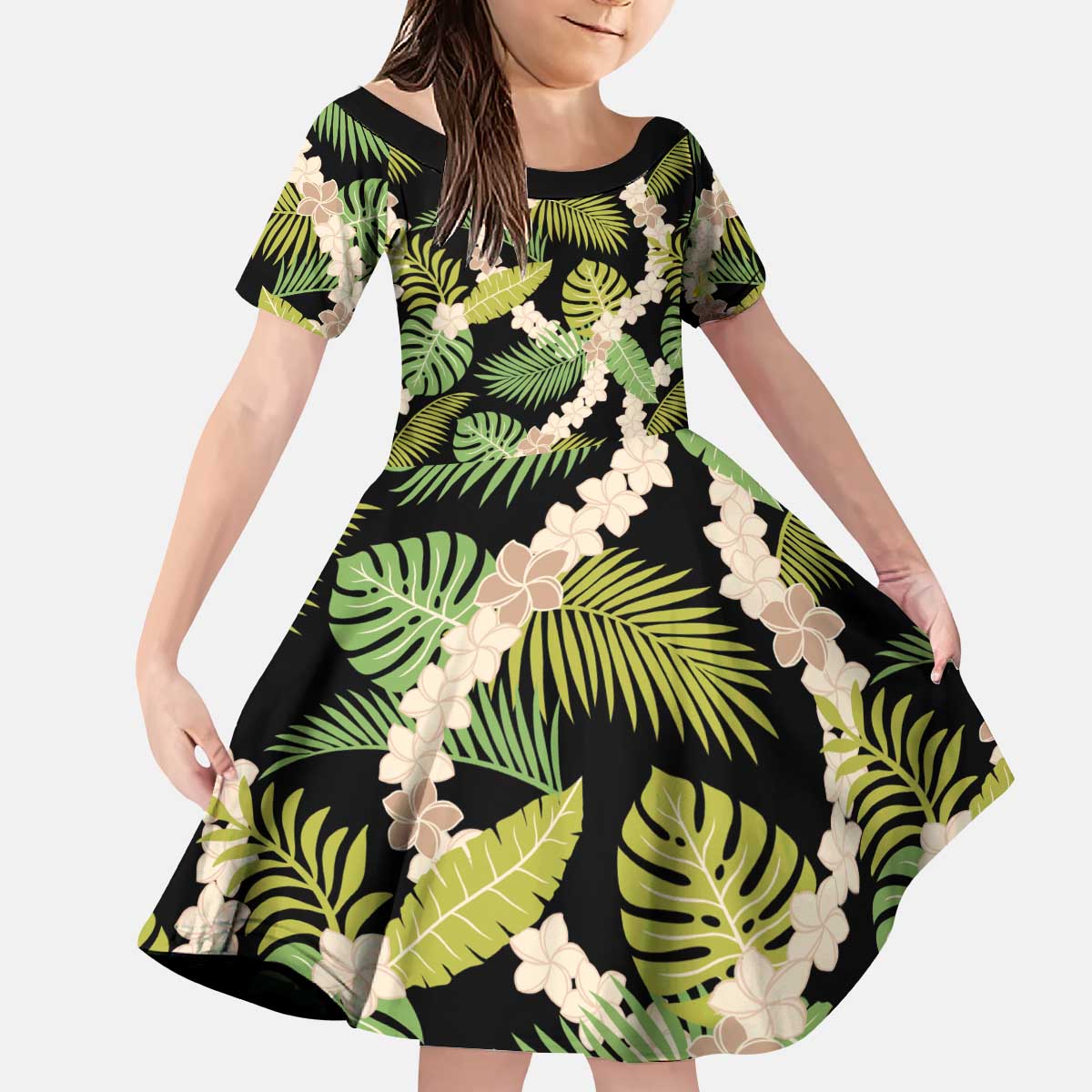 Black Hawaii Plumeria Lei With Tropical Leaves Kid Short Sleeve Dress