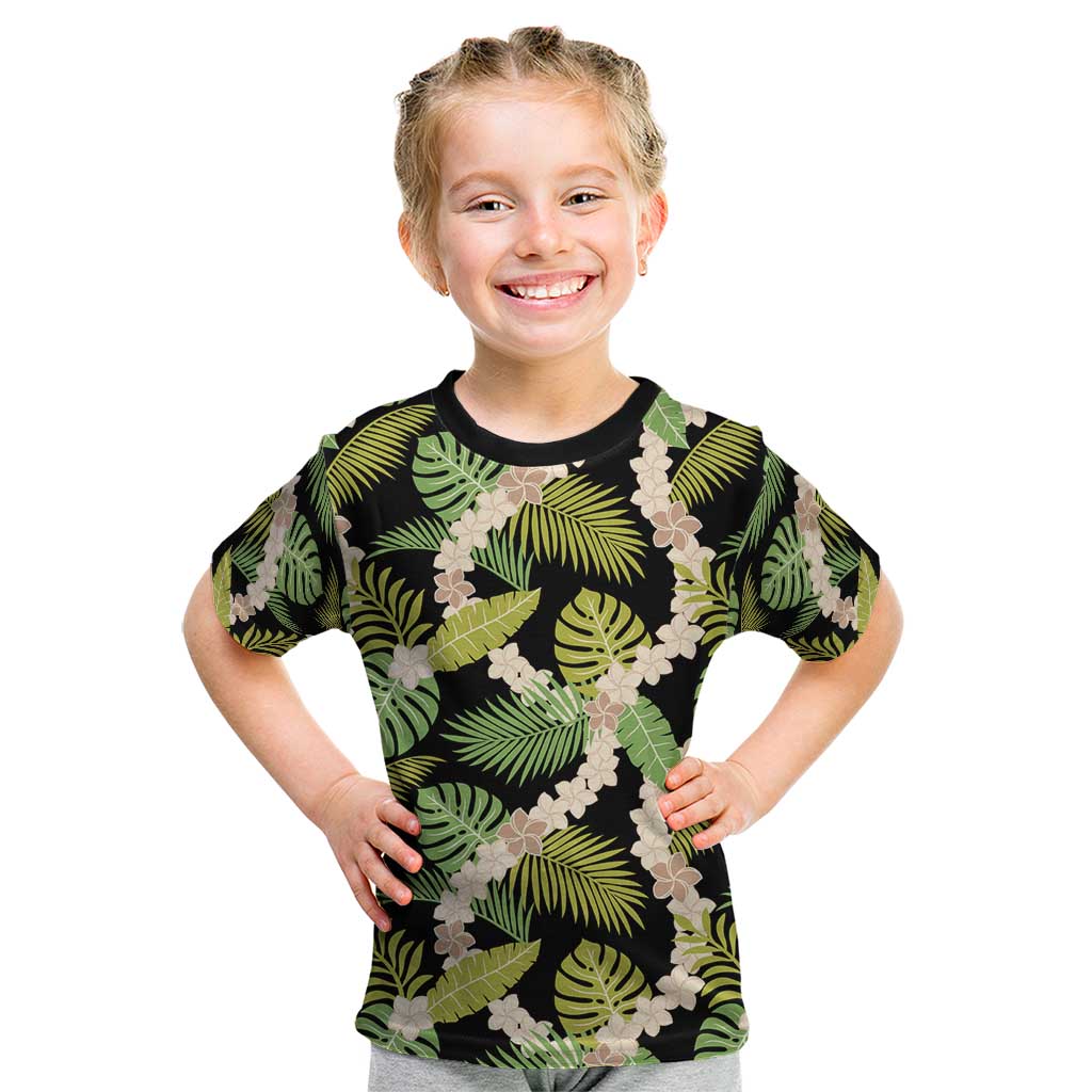 Black Hawaii Plumeria Lei With Tropical Leaves Kid T Shirt