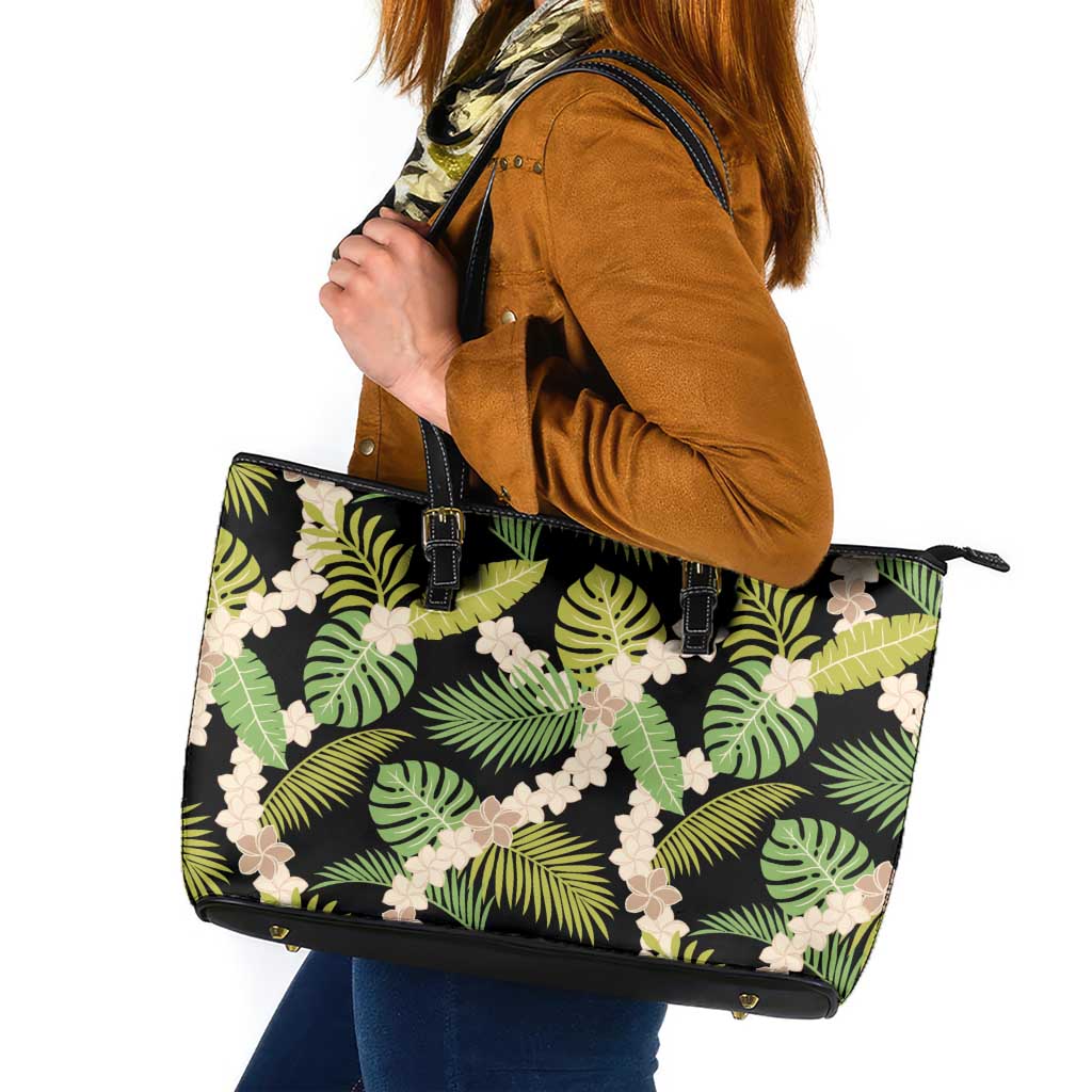 Black Hawaii Plumeria Lei With Tropical Leaves Leather Tote Bag