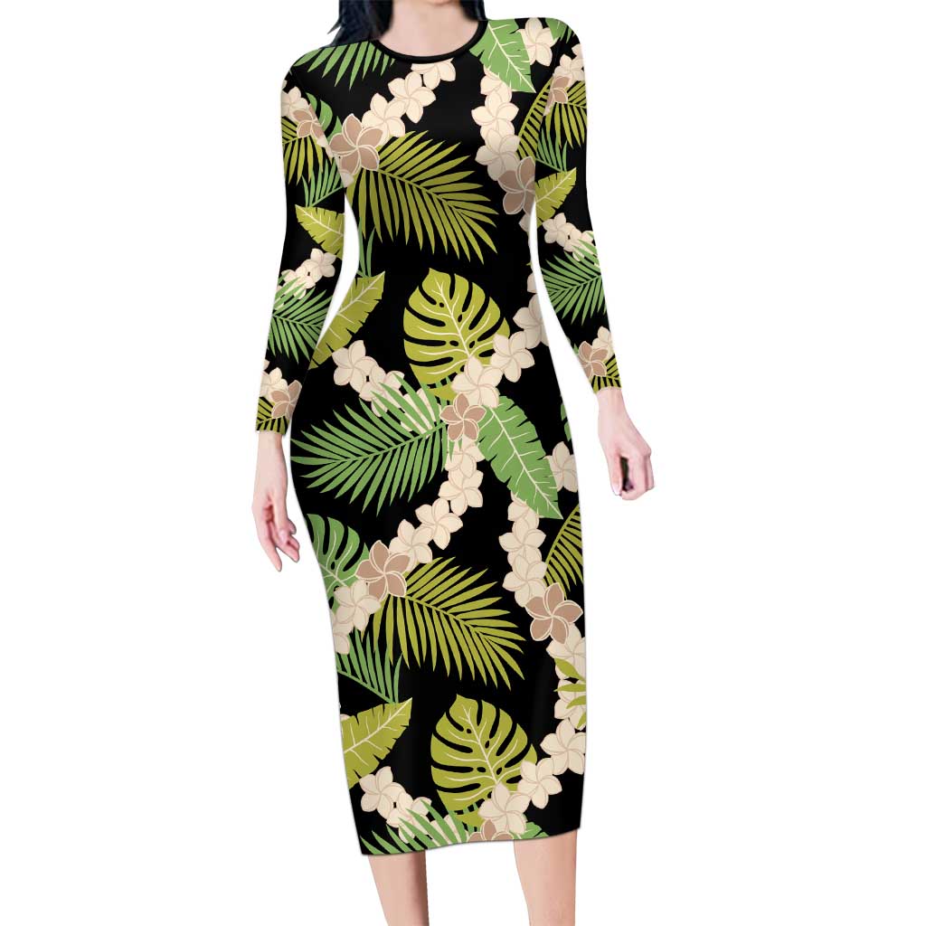 Black Hawaii Plumeria Lei With Tropical Leaves Long Sleeve Bodycon Dress