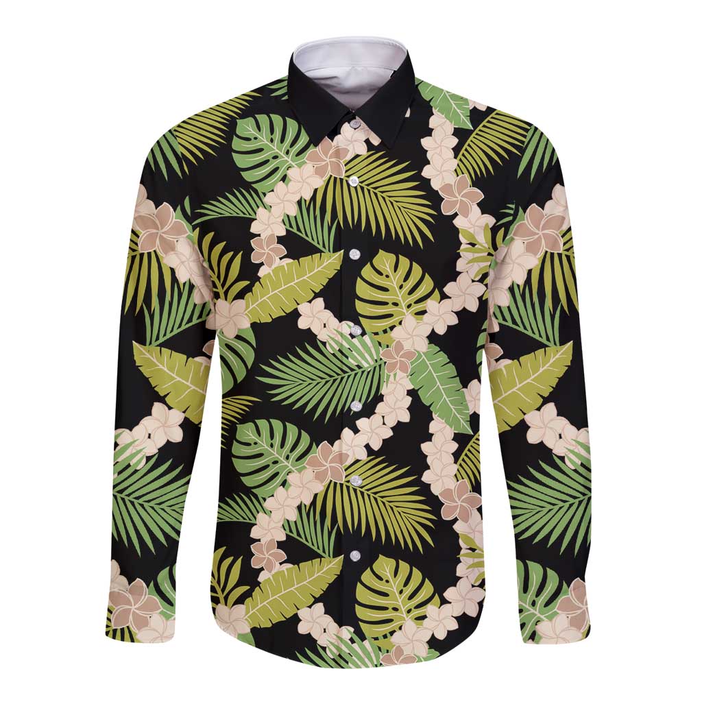 Black Hawaii Plumeria Lei With Tropical Leaves Long Sleeve Button Shirt